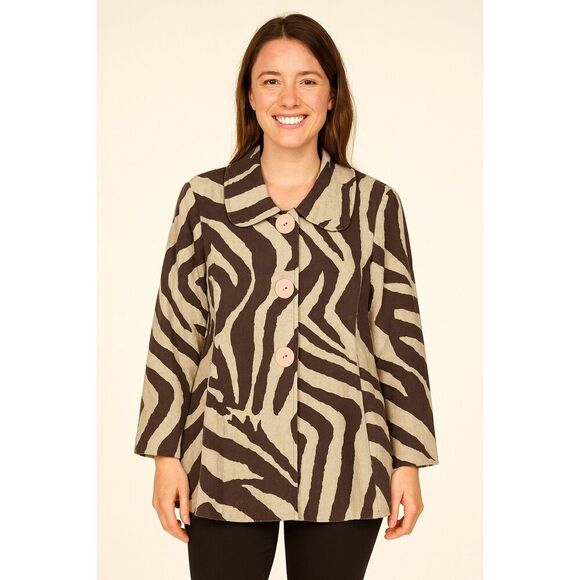 3 SISTERS Jacket Women's Large Brown Linen Zebra Safari Lined Three Buttons - Picture 1 of 15